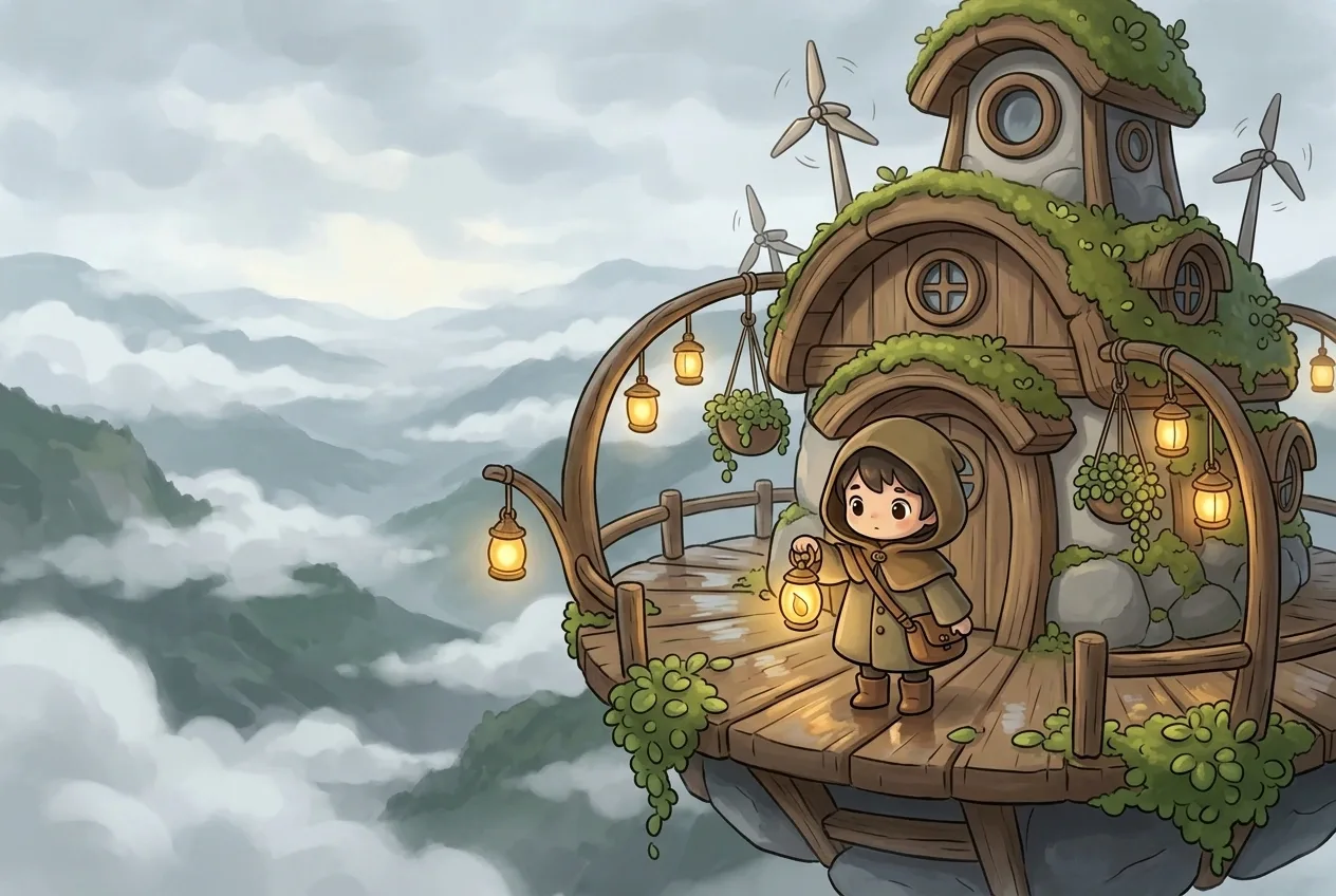 Chibi lantern keeper holding a glowing seed lantern on a moss-covered floating observatory above a misty mountain valley.