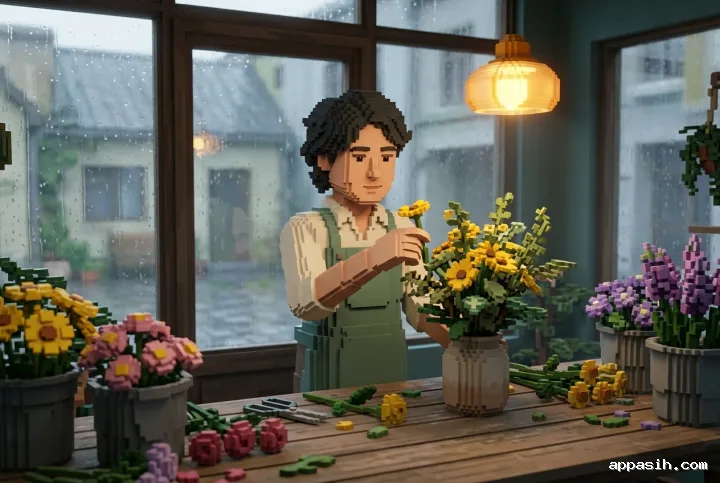 Detailed 3D Voxel Art environmental portrait of a florist adjusting a wildflower bouquet at a wooden worktable in the same rainlit flower studio.
