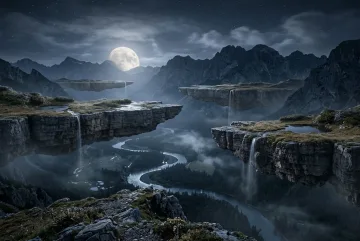 Surreal moonlit mountain valley with massive floating stone terraces suspended above a misty winding river.