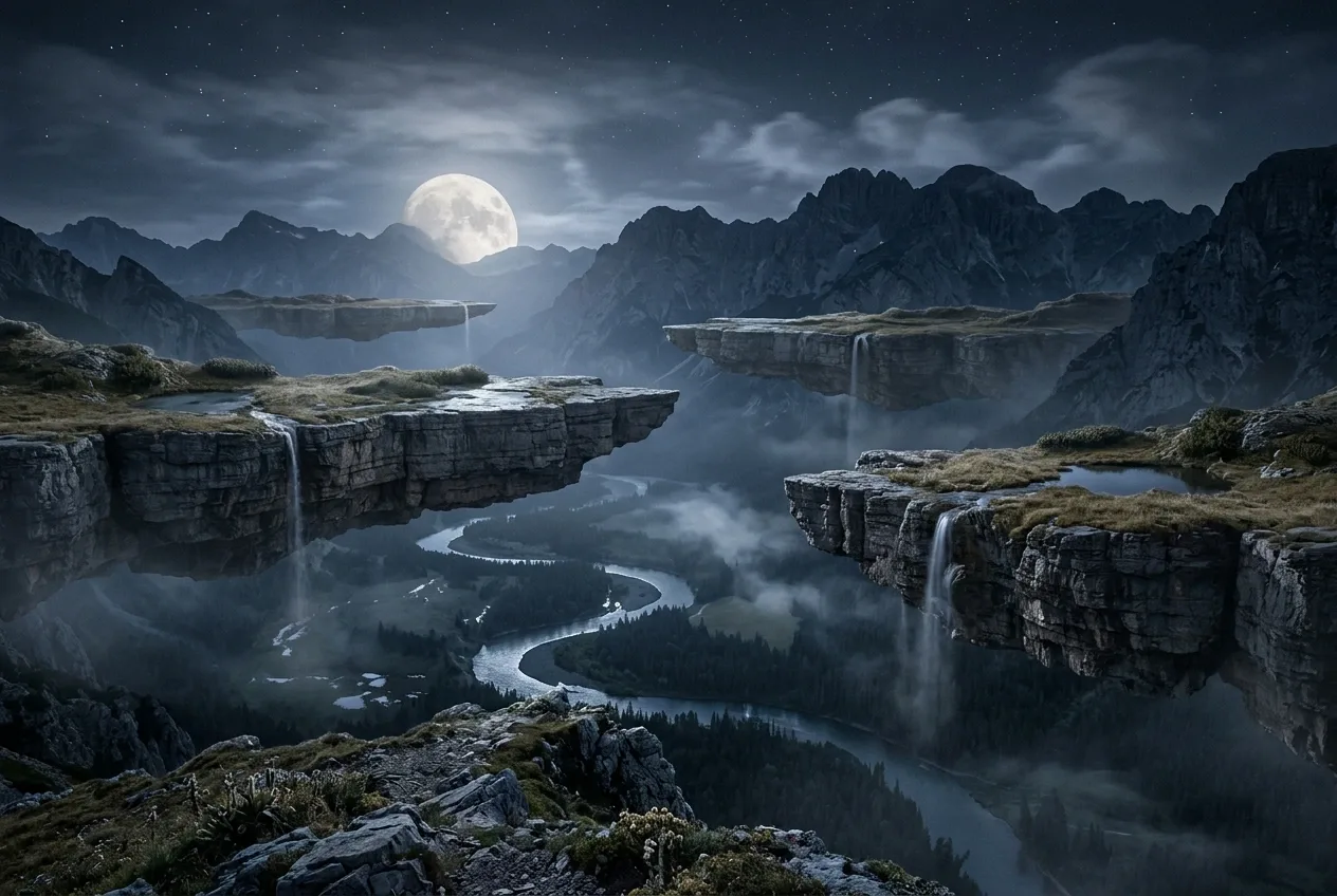 Surreal moonlit mountain valley with massive floating stone terraces suspended above a misty winding river.