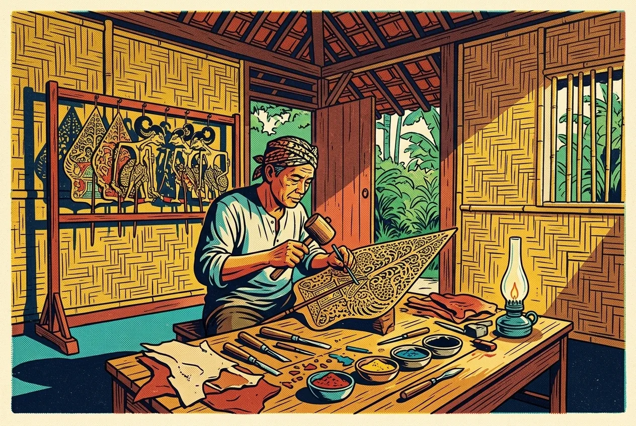Traditional shadow puppet artisan carving an ornate leather puppet in a village workshop, shown in Retro Pop Art with halftone textures and bold heritage colors.