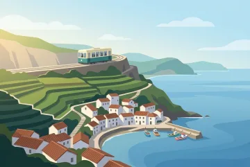 Flat 2D illustration of a cliffside tram traveling above a coastal village with terraced hills and a calm blue sea.