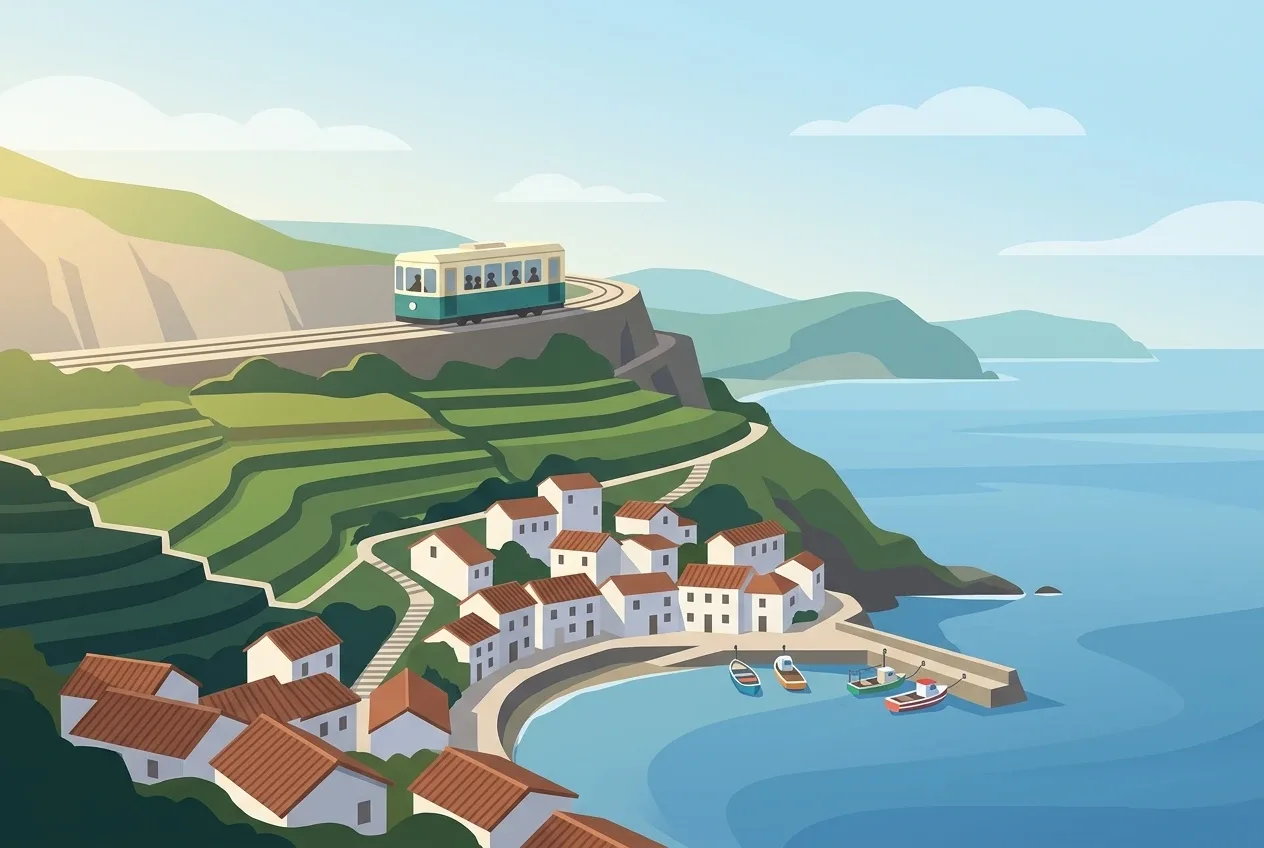 Flat 2D illustration of a cliffside tram traveling above a coastal village with terraced hills and a calm blue sea.
