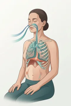 Scientific illustration of an adult practicing diaphragmatic breathing with visible lungs, diaphragm, rib cage movement, abdominal expansion, and airflow paths.