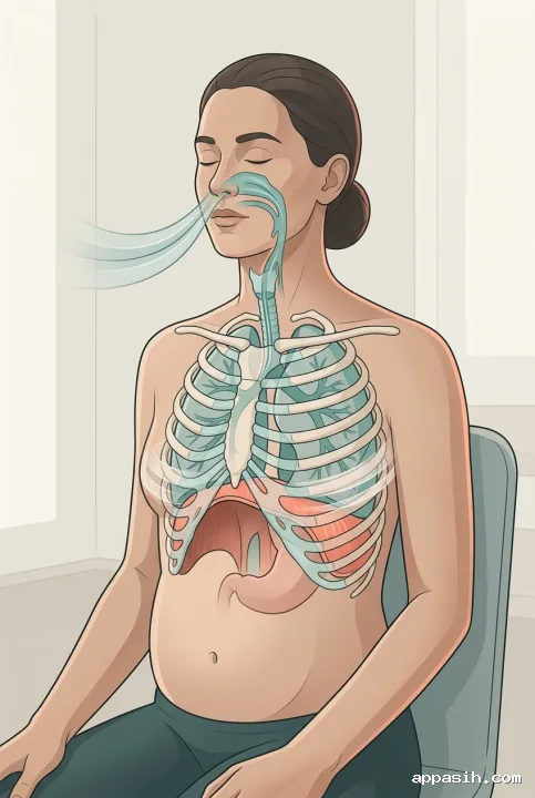 Detailed scientific illustration of an adult performing diaphragmatic breathing with lungs, lowered diaphragm, expanding lower ribs, abdominal movement, and layered airflow paths.