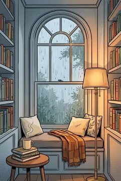 Cozy rainy reading nook with an arched window, cushioned window seat, built-in bookshelves, floor lamp, folded blanket, and side table in comic book cartoon style.