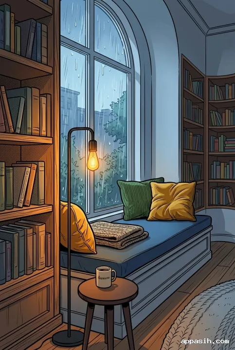Closer three-quarter view of the same rainy reading nook with an arched window, cushioned window seat, built-in bookshelves, warm floor lamp, blanket, and side table in detailed comic book cartoon style.