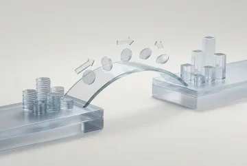 Translucent 3D cash flow bridge carrying floating glass coins between revenue stacks and ascending business growth blocks.