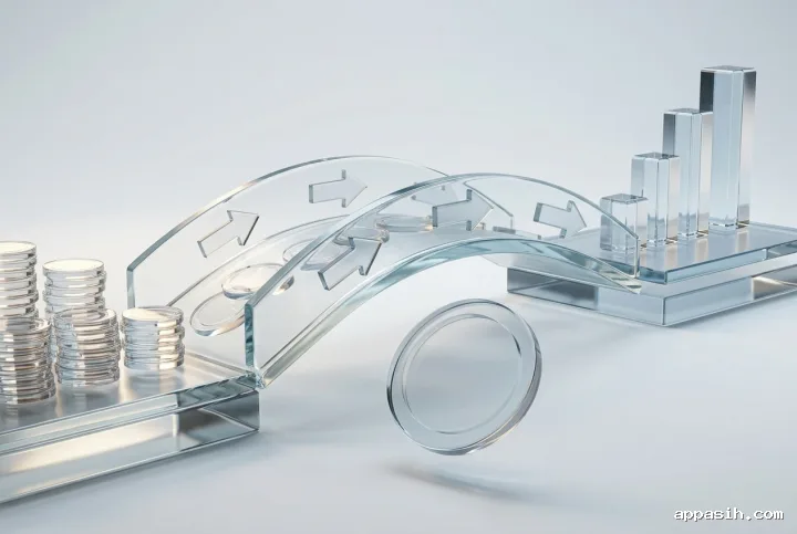 Closer translucent 3D view of a glass cash flow bridge with floating coins connecting revenue stacks to ascending business growth blocks.