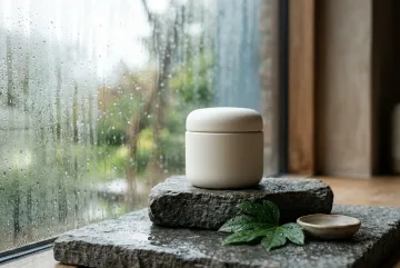 Blank ivory ceramic skincare jar on a rain-dappled stone pedestal beside a misted window in editorial product photography.