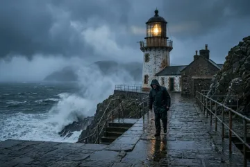 Lighthouse keeper walking through rain toward a glowing cliffside beacon above a stormy sea.