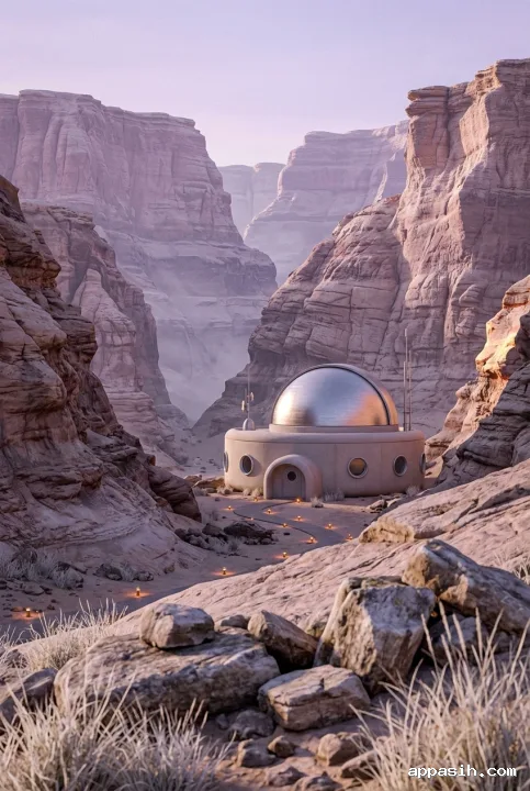 Retro-futurist desert observatory viewed across foreground rocks and layered canyon cliffs in violet dawn light.