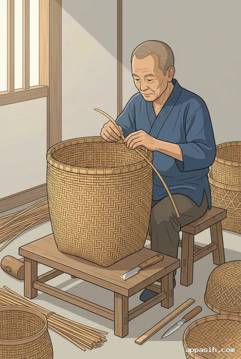 Closer three-quarter technical illustration of a traditional bamboo basket artisan weaving interlocking strips into a tall basket inside the same timber craft workshop.