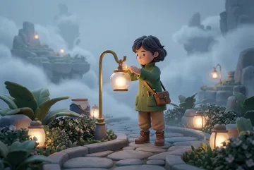 Stylized 3D young lantern keeper lighting a glowing glass lantern in a misty floating sky garden with curved stone paths and oversized plants.