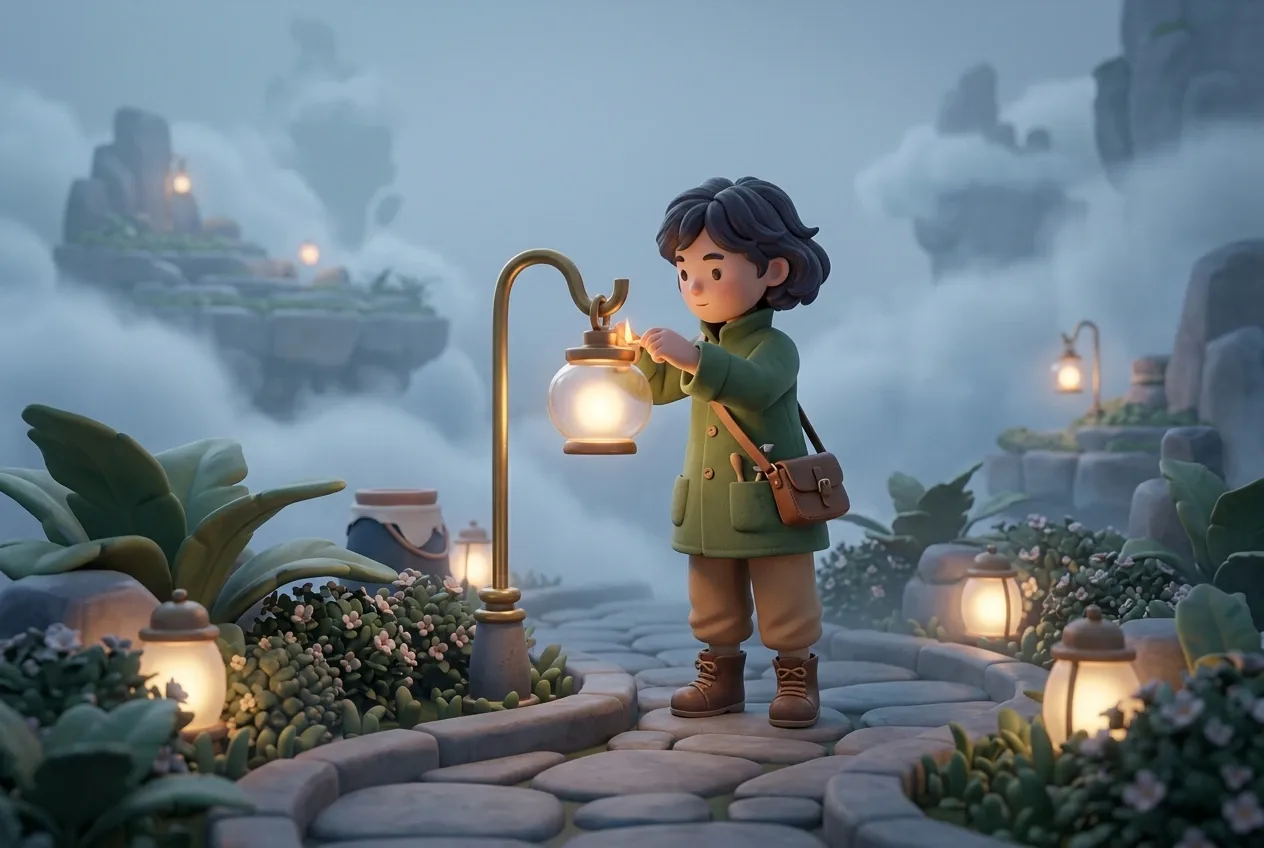 Stylized 3D young lantern keeper lighting a glowing glass lantern in a misty floating sky garden with curved stone paths and oversized plants.