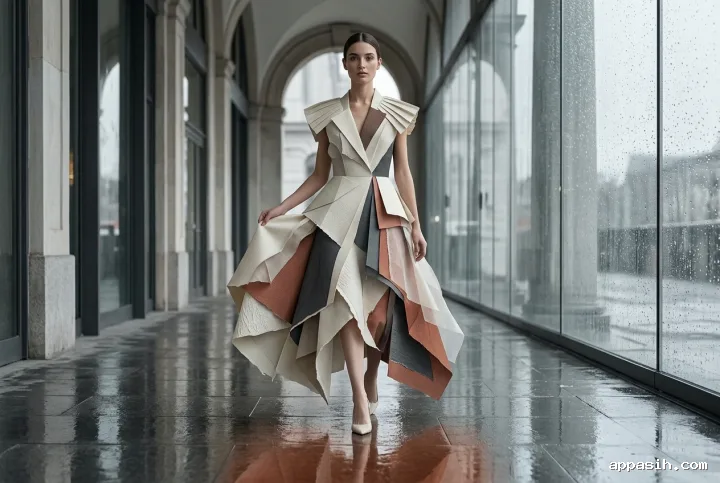 Fashion model in the same layered ivory, charcoal, and rust paper couture stepping through a rainlit glass arcade, shown closer with rich collage textures and wet floor reflections.