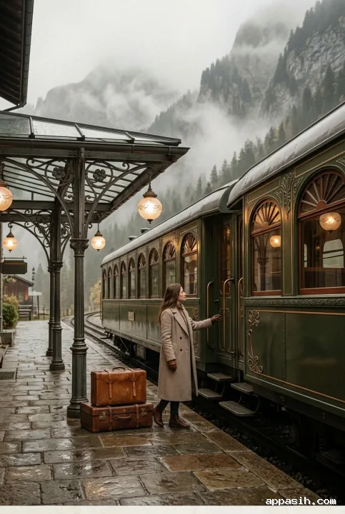 Traveler preparing to board a vintage mountain railway carriage at the same misty alpine station, shown in detailed Retro Art Nouveau styling.