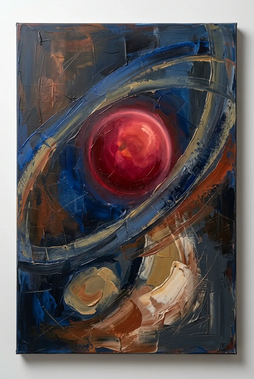 Abstract acrylic painting with a crimson orbital form surrounded by indigo and charcoal arcs, textured brushwork, and subtle ochre accents.