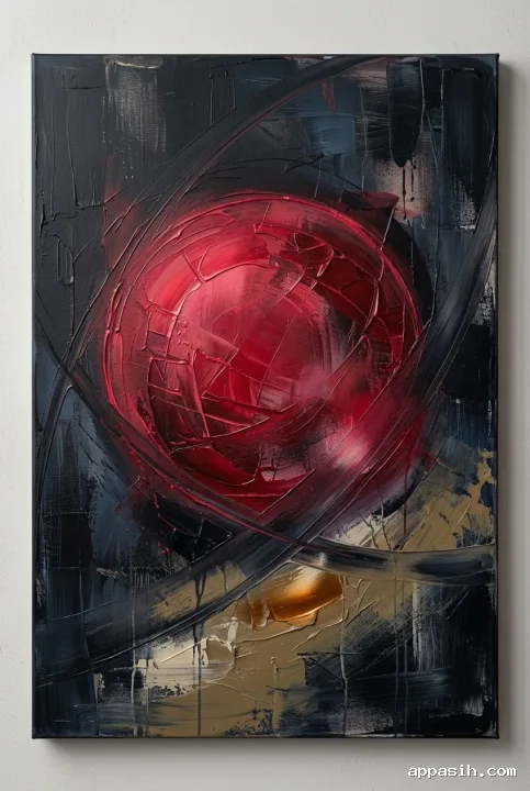 Detailed abstract acrylic painting of a crimson orbital form within indigo and charcoal fields, with raised impasto textures, sweeping arcs, and restrained ochre accents.