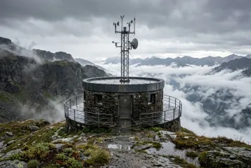 Circular mountain weather observatory overlooking a cloud-filled canyon during steady rain with wet stone surfaces and drifting mist.