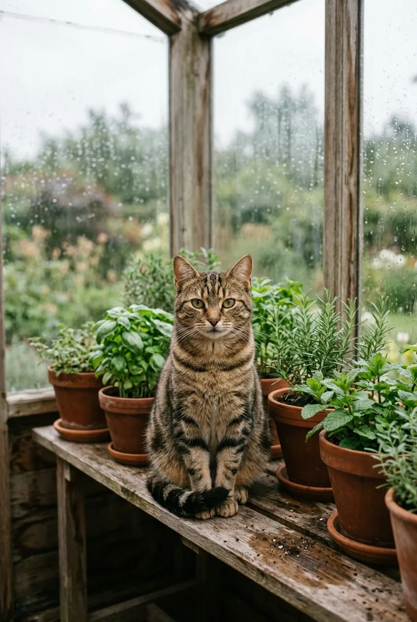 Brown tabby cat sitting among potted herbs inside a rain-speckled greenhouse in soft natural daylight.