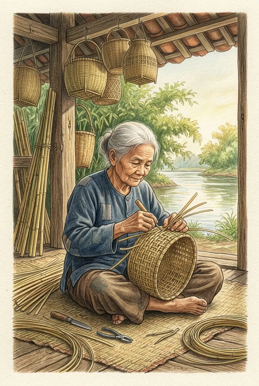 Traditional bamboo basket weaver seated in a riverside wooden workshop, weaving bamboo strips among finished baskets and hand tools in a colored pencil drawing.