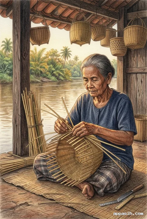 Traditional bamboo basket weaver shown from a closer three-quarter view while weaving a round basket inside the same riverside workshop, with hanging baskets, bamboo strips, wooden tools, and detailed colored pencil textures.