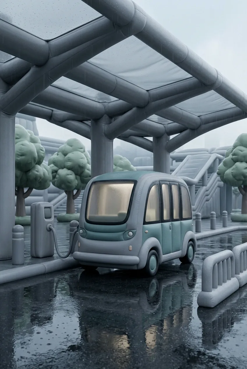 Inflatable 3D autonomous electric shuttle beneath a rainy urban transit canopy with a charging pedestal, soft sculpted street furniture, and reflective wet pavement.