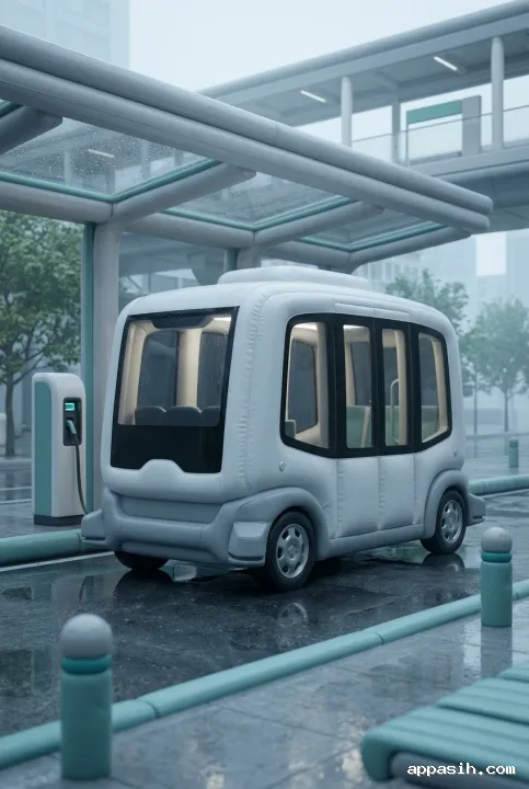 Close three-quarter view of an Inflatable 3D autonomous electric shuttle at the same rainy urban transit hub, showing padded seams, charging infrastructure, wet reflections, and soft overcast lighting.