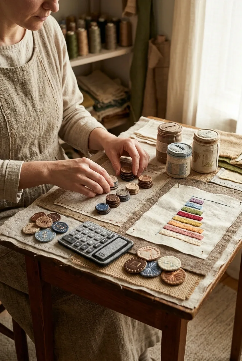 Small business owner arranging embroidered coins, expense tokens, savings jars, and a stitched cash flow chart on a textile planning desk.