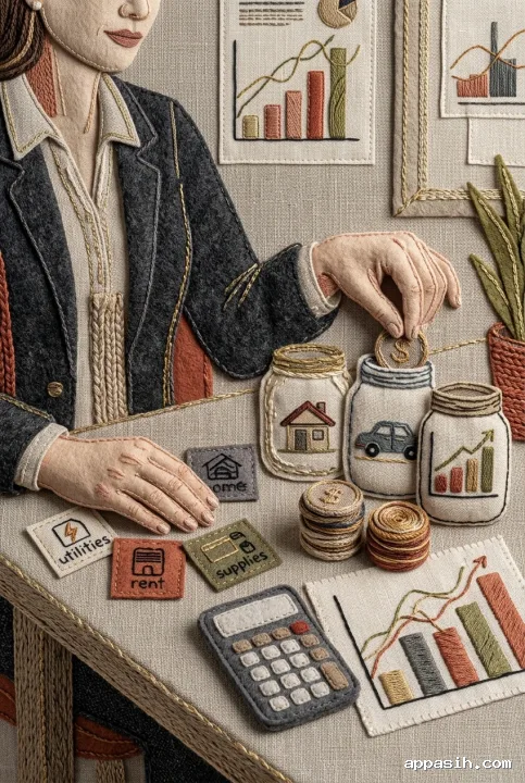 Closer textile-art view of a small business owner sorting embroidered coins beside savings jars, expense tokens, and a stitched cash flow chart.