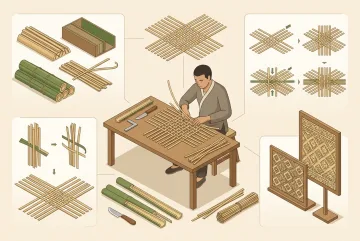 Graphic infographic illustration of an artisan creating a traditional bamboo weaving panel with bamboo strips, hand tools, woven motifs, and staged craft-process details.