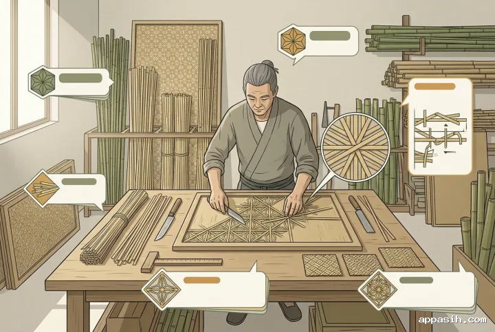 Detailed graphic infographic illustration of the same artisan weaving a traditional geometric bamboo panel in a heritage workshop, with staged process zones, bamboo-strip detail insets, tools, and finished woven samples.