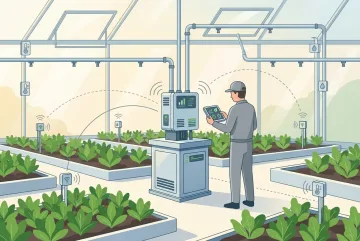 Smart greenhouse edge computing hub connecting crop sensors, automated irrigation, ventilation, and environmental monitoring equipment in a flat illustration.