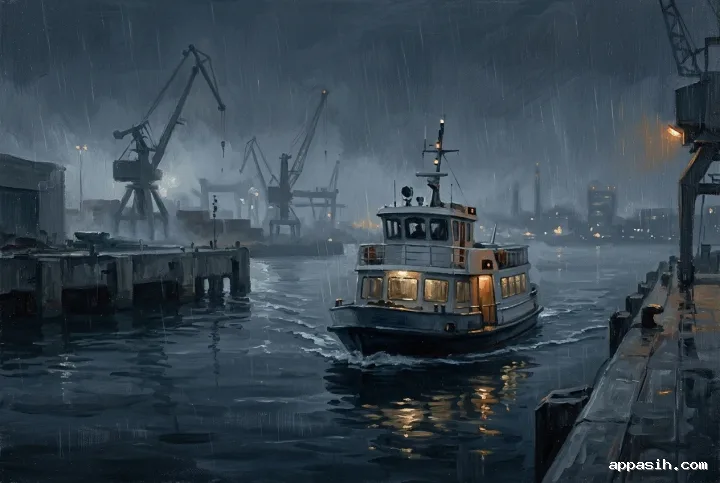 A closer acrylic-painted view of a lone passenger ferry moving through the same rainy industrial harbor at night, with misty cranes, textured brushwork, wet piers, and warm reflections.