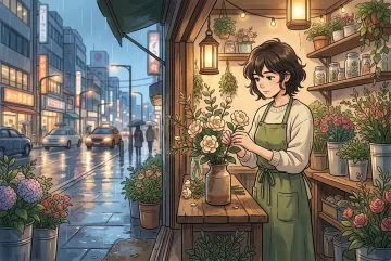Young florist arranging pale camellias inside a warmly lit flower kiosk on a rainy evening in an anime-inspired cartoon portrait.