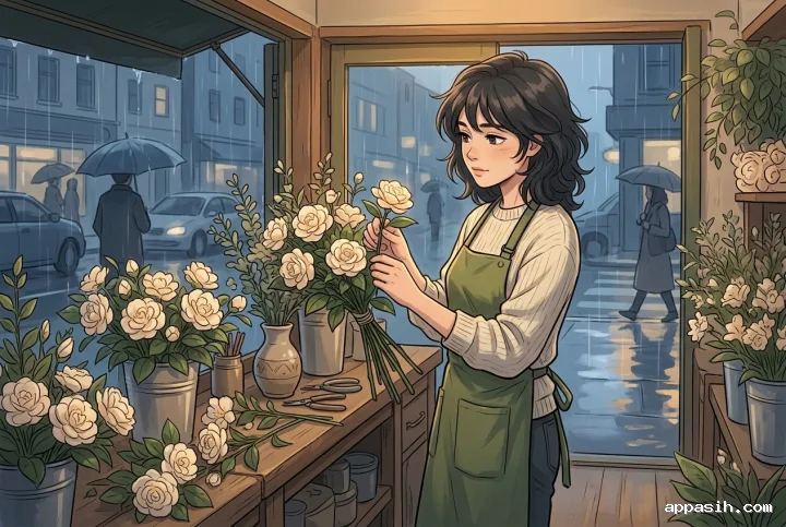 Young florist gently adjusting a pale camellia inside the same warm flower kiosk during a rainy evening, shown in a closer anime-inspired cartoon portrait.