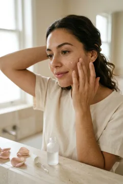 Woman applying clear facial serum beside a frosted cosmetic bottle and blush-pink rose petals with natural dewy skin and soft window light.