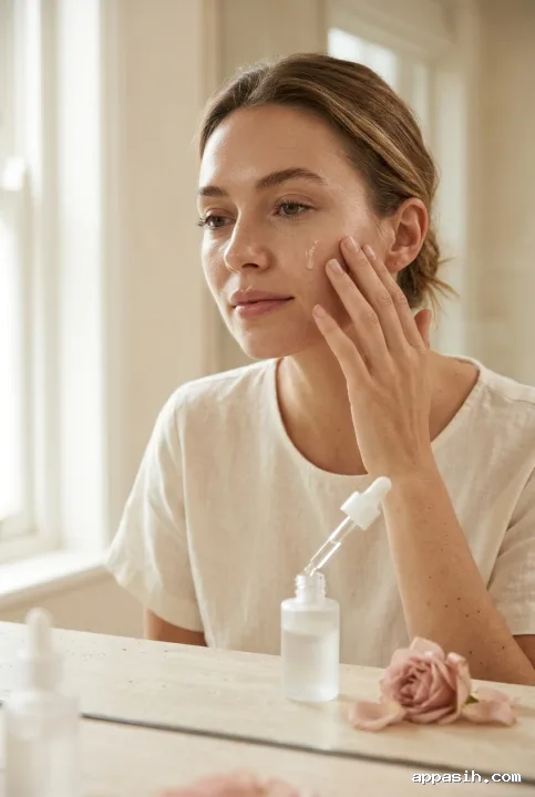 Close three-quarter beauty portrait of the same woman smoothing clear facial serum onto her cheek beside a frosted cosmetic bottle and blush-pink rose petals in soft window light.