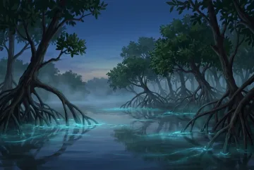 Digital painting of a misty mangrove lagoon at blue hour with bioluminescent plankton glowing around tangled roots in calm water.