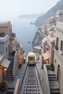 Stylized 3D scene of a small funicular climbing through a misty cliffside coastal village with terraced houses, stone paths, warm lanterns, travelers, and a calm sea below.