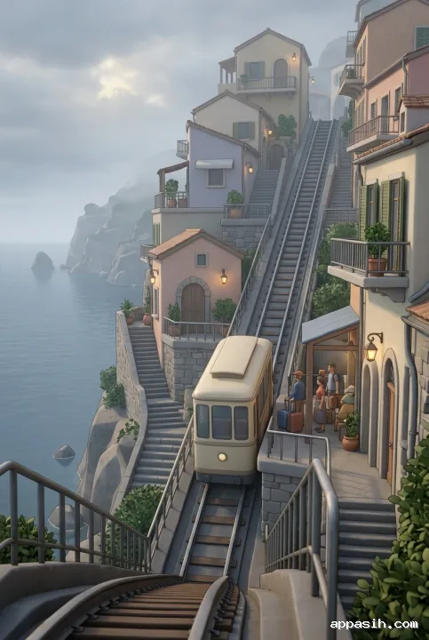 Stylized 3D close three-quarter view of the same cream-colored funicular approaching a platform in a misty cliffside coastal village, with travelers, terraced pastel houses, stone stairs, warm lanterns, and the sea below.