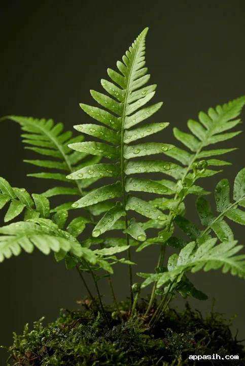 Close vertical studio view of rain-kissed emerald fern fronds with detailed water droplets, moss textures, and soft controlled botanical lighting.