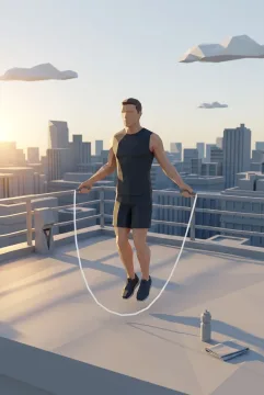 Low Poly 3D jump rope athlete training on a city rooftop at dawn with faceted buildings and long geometric shadows.