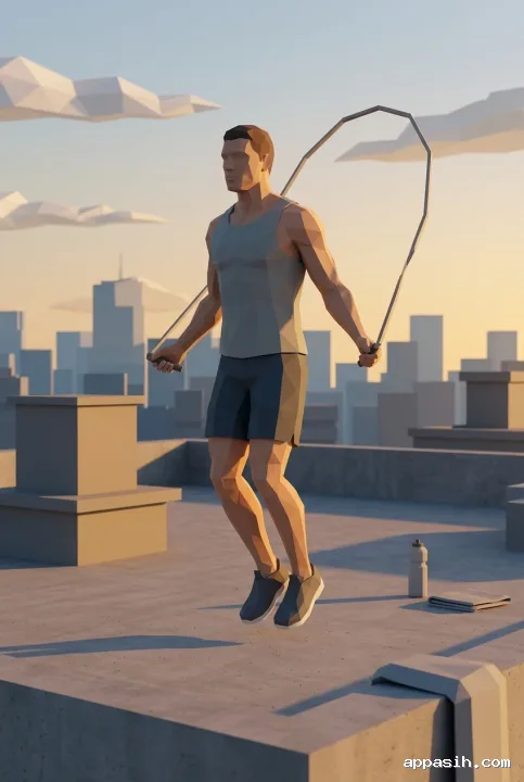 Low Poly 3D jump rope athlete viewed from a closer three-quarter angle during a dawn rooftop cardio workout above a geometric city skyline.