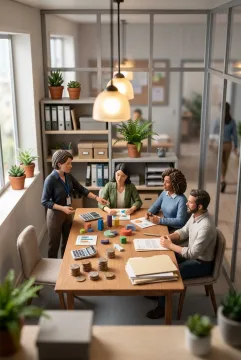 3D tilt-shift miniature microfinance cooperative office with small business owners discussing funding around a table of coins, calculators, folders, and budgeting pieces.