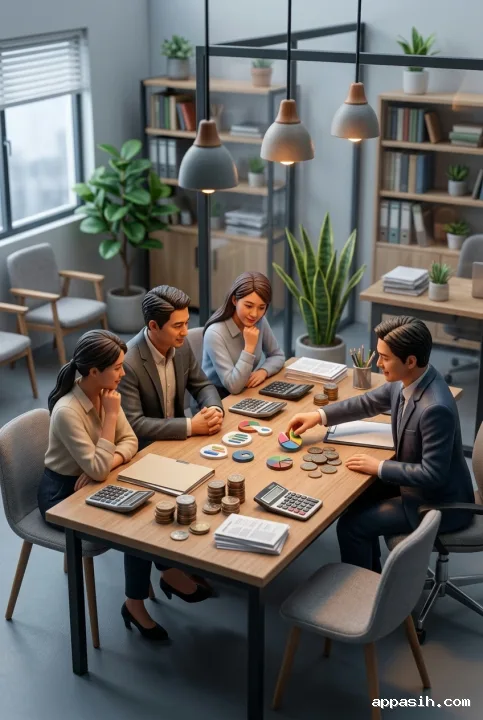 Detailed 3D tilt-shift miniature microfinance cooperative office showing an advisor and small business owners reviewing coins, calculators, folders, and budgeting pieces at a central table.