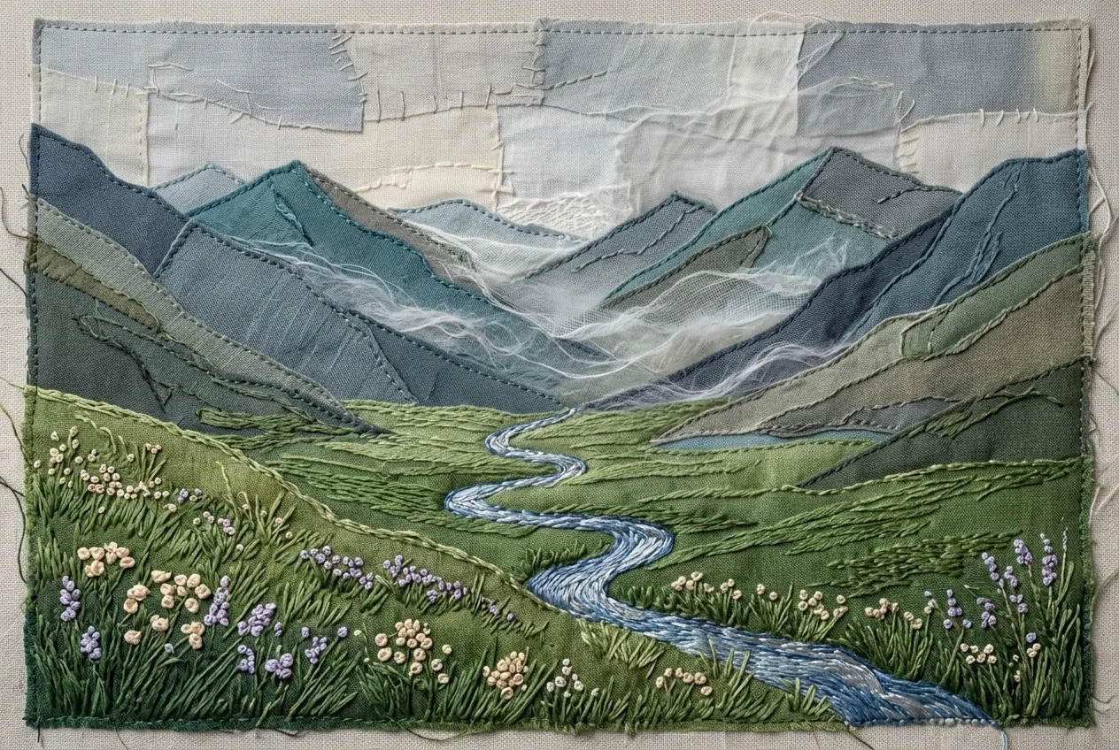Embroidered alpine valley with a winding river, misty layered mountains, wildflower meadows, and tactile woven textile textures.