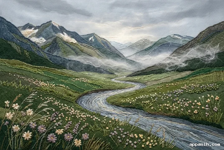 Detailed embroidered alpine valley with a curving river, misty mountain ridges, layered meadows, tiny stitched wildflowers, gauze mist, and richly textured textile fibers.