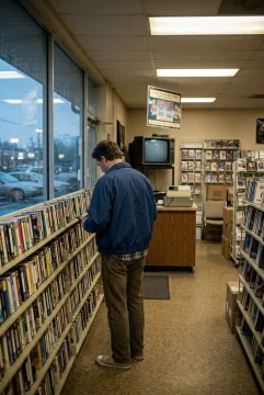 Adult customer browsing unbranded cassette cases inside a small 1980s video rental shop during a rainy evening.